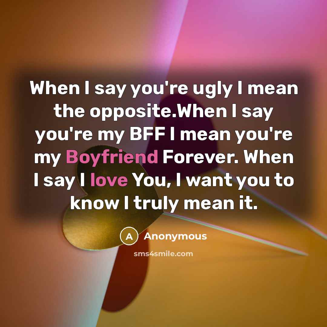 “When I say you're ugly I mean the opposite.When I say you're my BFF I mean you're my Boyfriend Forever. When I say I love You, I want you to know I truly mean it.” quote by Anonymous
