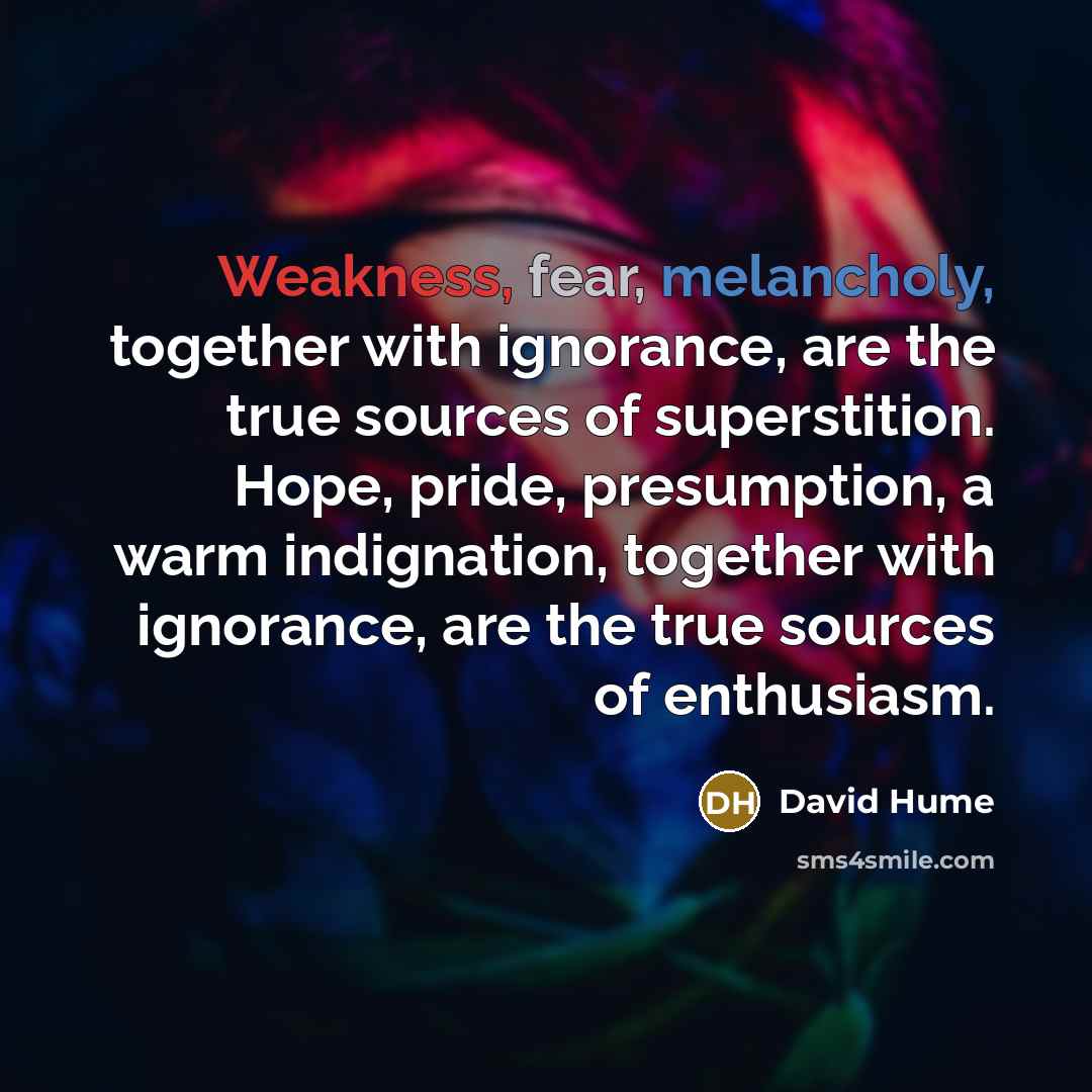 “Weakness, fear, melancholy, together with ignorance, are the true sources…” quote by David Hume