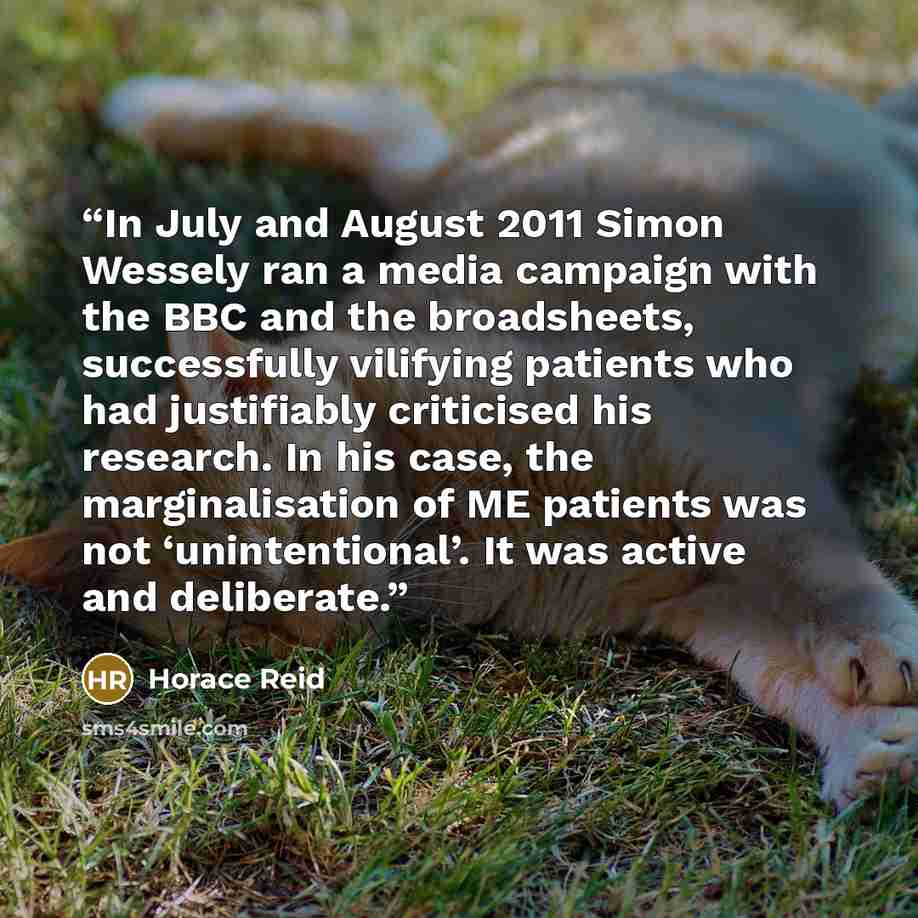 “In July and August 2011 Simon Wessely ran a media campaign with the BBC and the broadsheets, successfully vilifying patients who had justifiably criticised his research. In his case, the marginalisation of ME patients was not ‘unintentional’. It was active and deliberate.” quote by Horace Reid