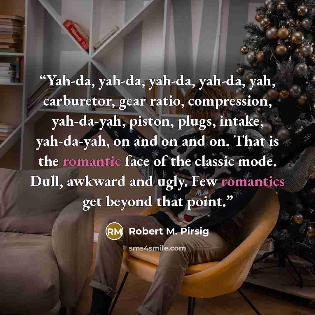 “Yah-da, yah-da, yah-da, yah-da, yah, carburetor, gear ratio, compression, yah-da-yah, piston, plugs, intake, yah-da-yah, on and on and on. That is the romantic face of the classic mode. Dull, awkward and ugly. Few romantics get beyond that point.” quote by Robert M. Pirsig
