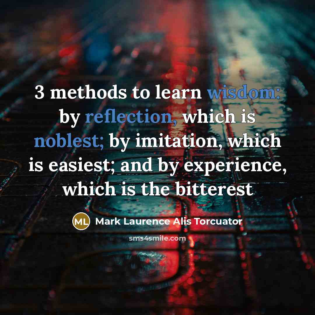 “3 methods to learn wisdom: by reflection, which is noblest; by imitation, which is easiest; and by experience, which is the bitterest” quote by Mark Laurence Alis Torcuator
