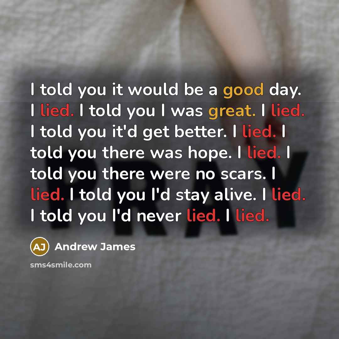 “I told you it would be a good day. I lied. I told you I was great. I lied. I told you it'd get better. I lied. I told you there was hope. I lied. I told you there were no scars. I lied. I told you I'd stay alive. I lied. I told you I'd never lied. I lied.” quote by Andrew James