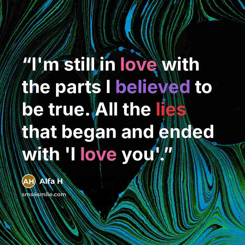 “I'm still in love with the parts I believed to be true. All the lies that began and ended with 'I love you'.” quote by Alfa H