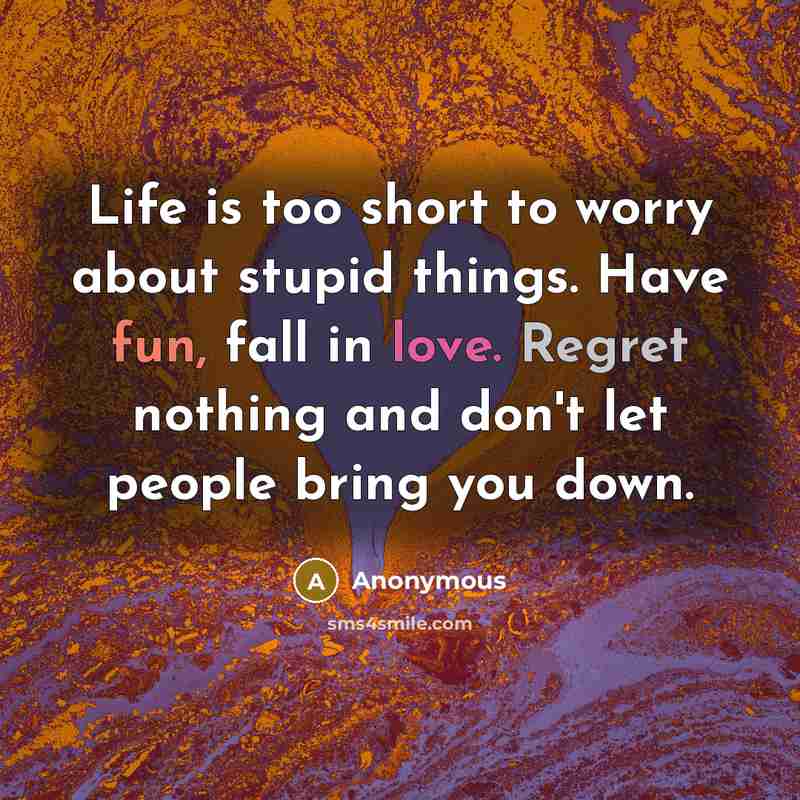 “Life is too short to worry about stupid things. Have fun, fall in love. Regret nothing and don't let people bring you down.” quote by Anonymous