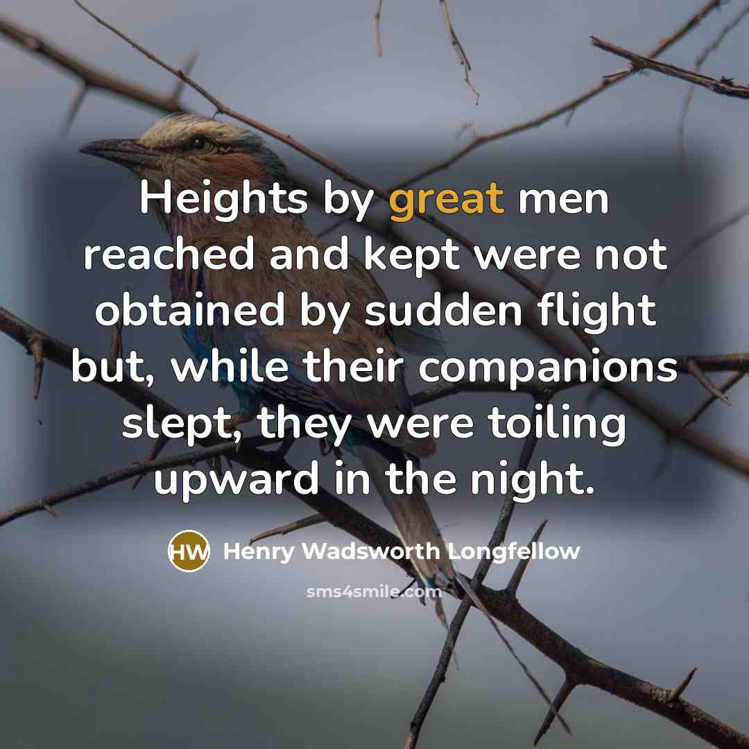 “Heights by great men reached and kept were not obtained by sudden flight but, while their companions slept, they were toiling upward in the night.” quote by Henry Wadsworth Longfellow