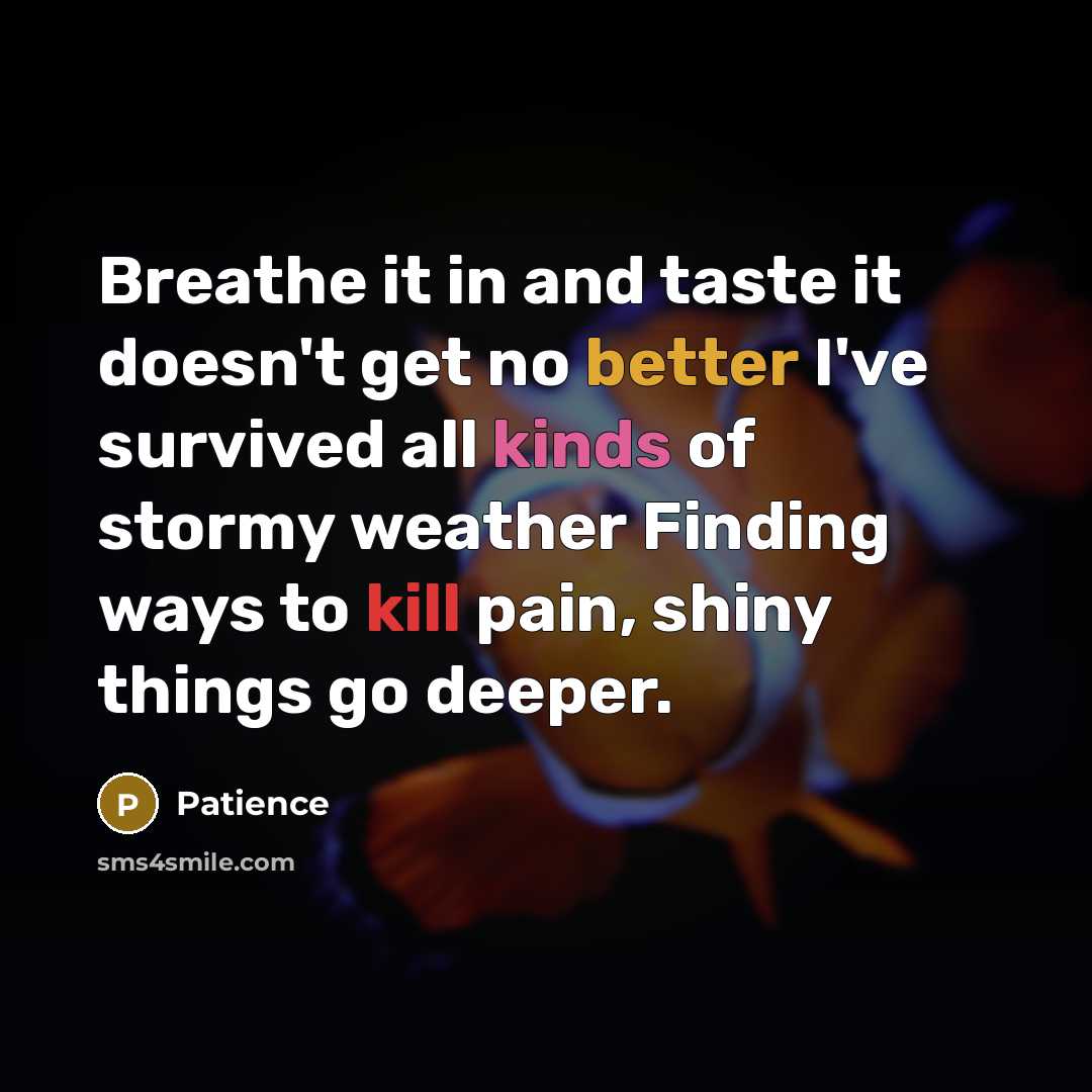 “Breathe it in and taste it doesn't get no better I've survived all kinds of stormy weather Finding ways to kill pain, shiny things go deeper.” quote by Patience