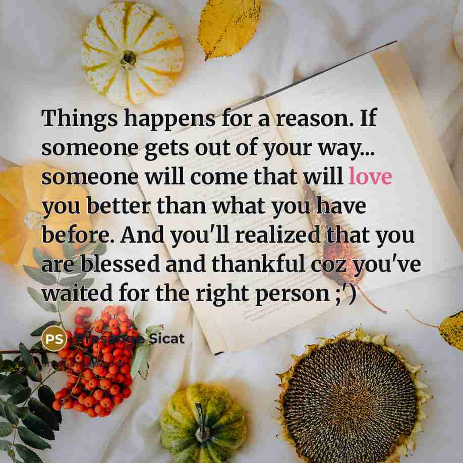 “Things happens for a reason. If someone gets out of your way... someone will come that will love you better than what you have before. And you'll realized that you are blessed and thankful coz you've waited for the right person ;')” quote by Presange Sicat