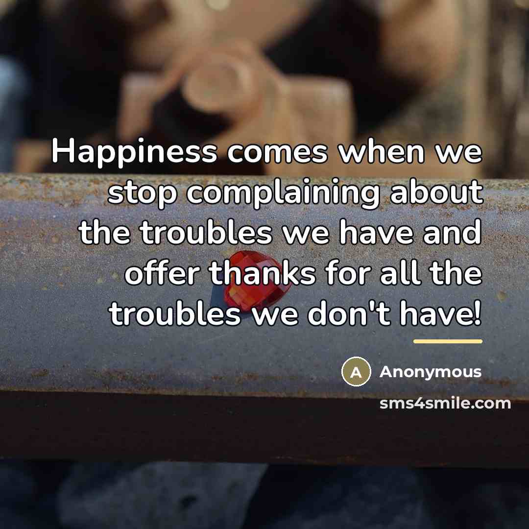 “Happiness comes when we stop complaining about the troubles we…” quote by Anonymous