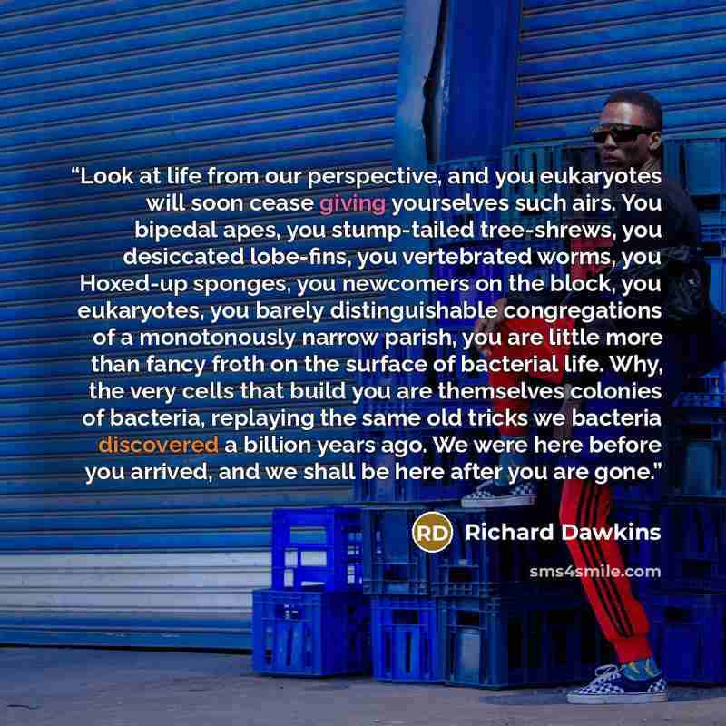 “Look at life from our perspective, and you eukaryotes will soon cease giving yourselves such airs. You bipedal apes, you stump-tailed tree-shrews, you desiccated lobe-fins, you vertebrated worms, you Hoxed-up sponges, you newcomers on the block, you eukaryotes, you barely distinguishable…” quote by Richard Dawkins