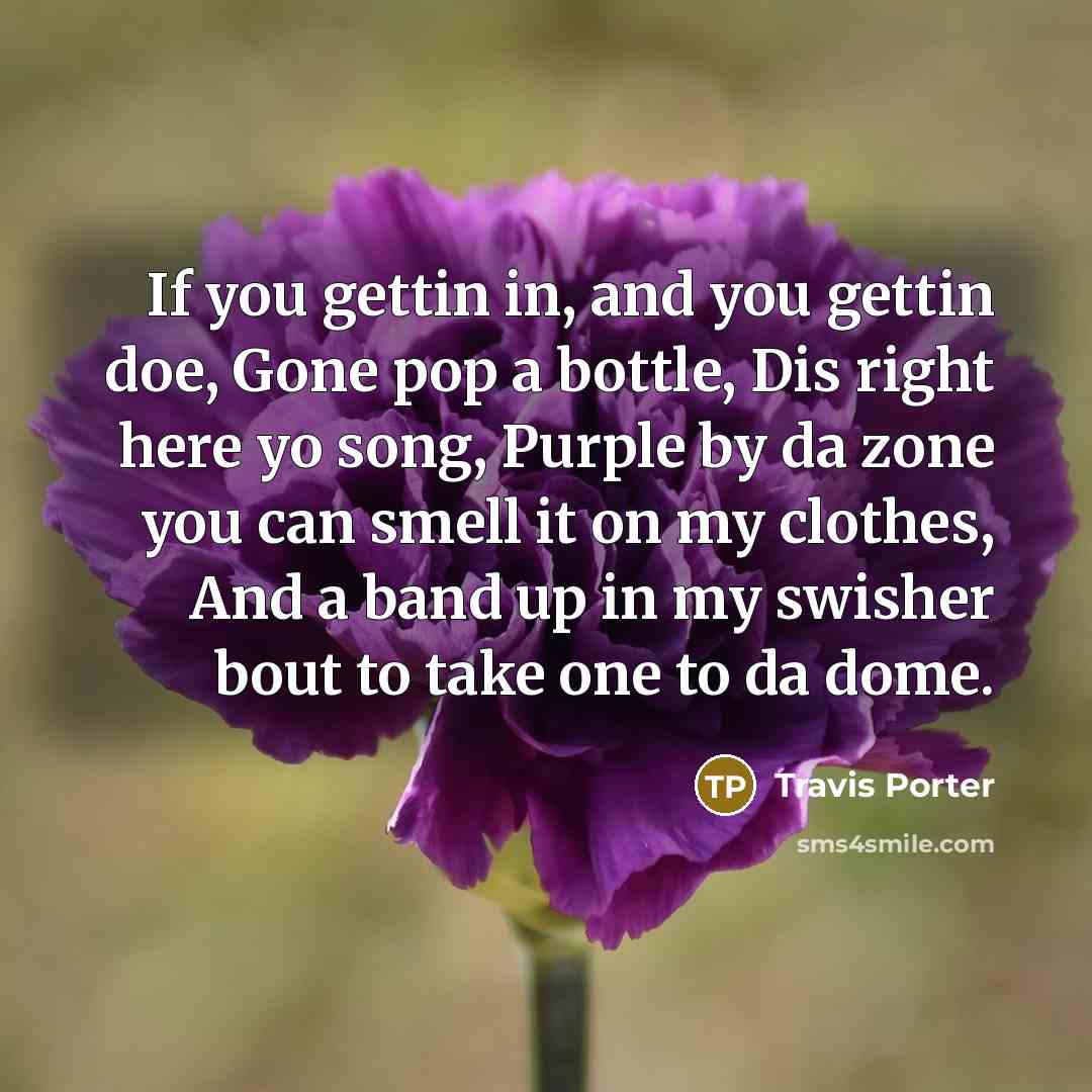 “If you gettin in, and you gettin doe, Gone pop a bottle, Dis right here yo song, Purple by da zone you can smell it on my clothes, And a band up in my swisher bout to take one to da dome.” quote by Travis Porter