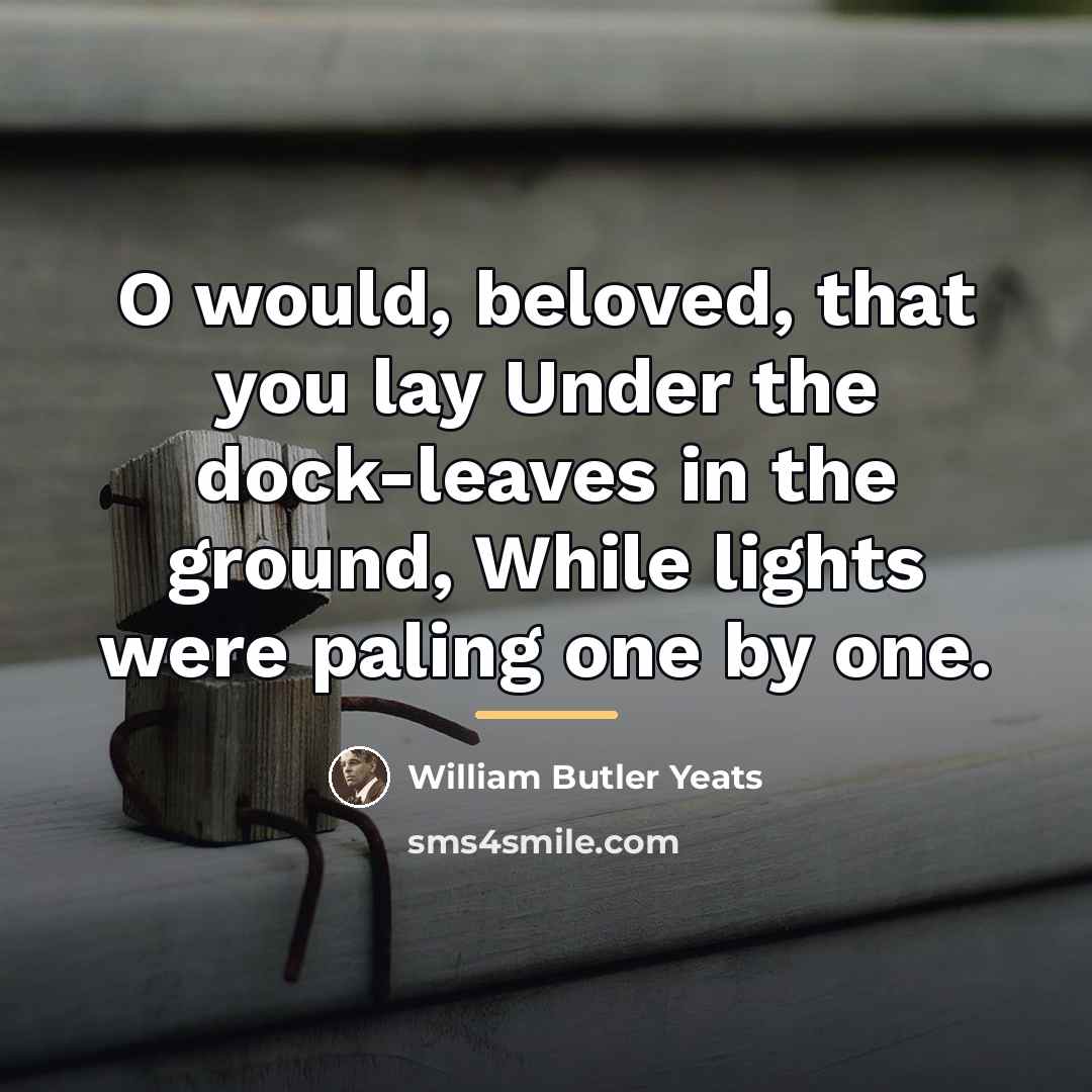 “O would, beloved, that you lay Under the dock-leaves in…” quote by William Butler Yeats