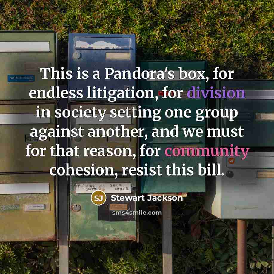 “This is a Pandora's box, for endless litigation, for division in society setting one group against another, and we must for that reason, for community cohesion, resist this bill.” quote by Stewart Jackson