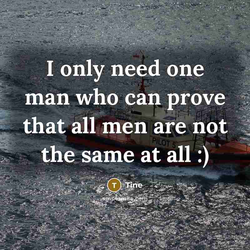 “I only need one man who can prove that all men are not the same at all :)” quote by Tine