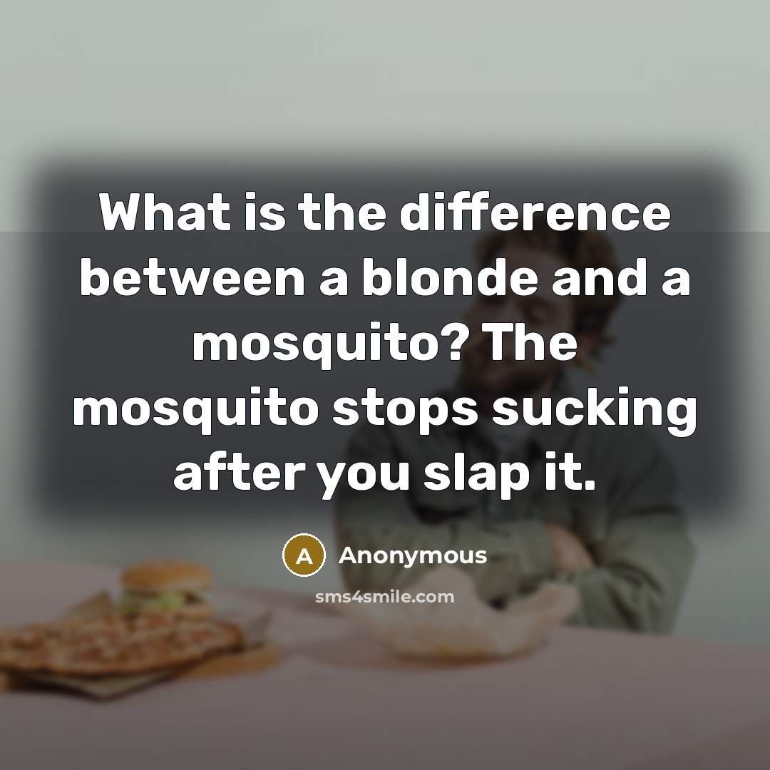 “What is the difference between a blonde and a mosquito? The mosquito stops sucking after you slap it.” quote by Anonymous