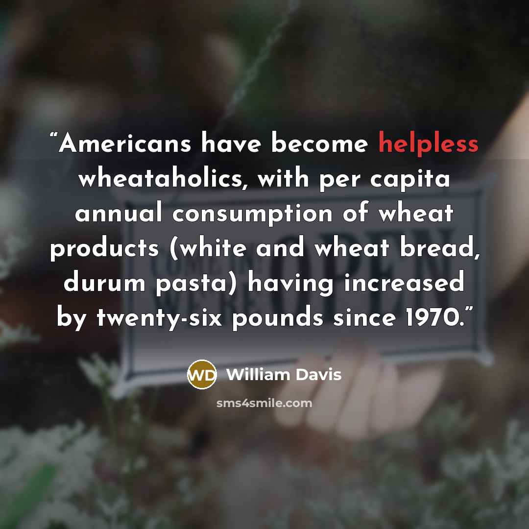 “Americans have become helpless wheataholics, with per capita annual consumption of wheat products (white and wheat bread, durum pasta) having increased by twenty-six pounds since 1970.” quote by William Davis