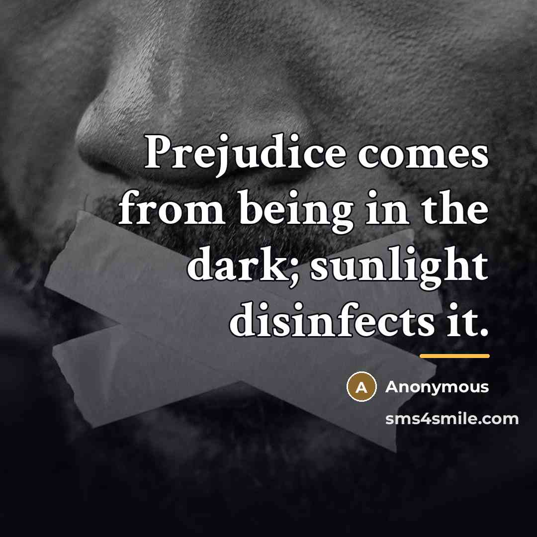 “Prejudice comes from being in the dark; sunlight disinfects it.…” quote by Anonymous
