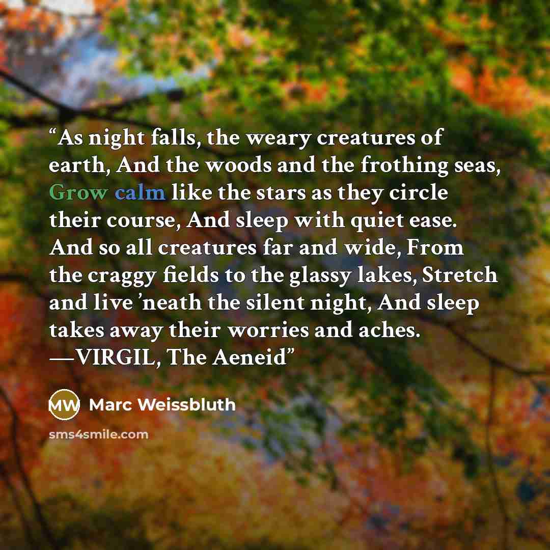 “As night falls, the weary creatures of earth, And the woods and the frothing seas, Grow calm like the stars as they circle their course, And sleep with quiet ease. And so all creatures far and wide, From the craggy fields to the glassy lakes, Stretch and live ’neath the silent night, And sleep…” quote by Marc Weissbluth