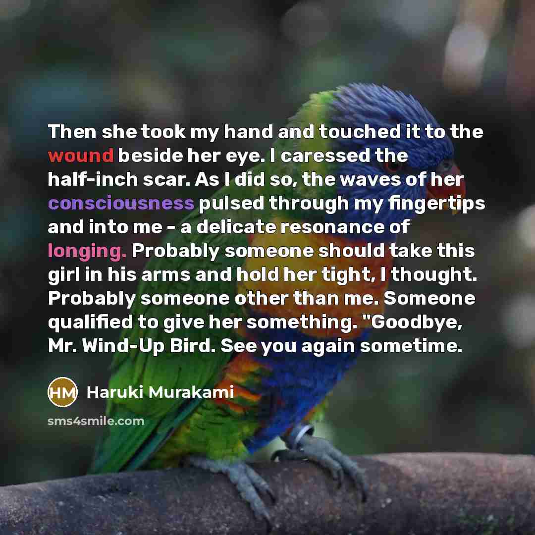 “Then she took my hand and touched it to the…” quote by Haruki Murakami
