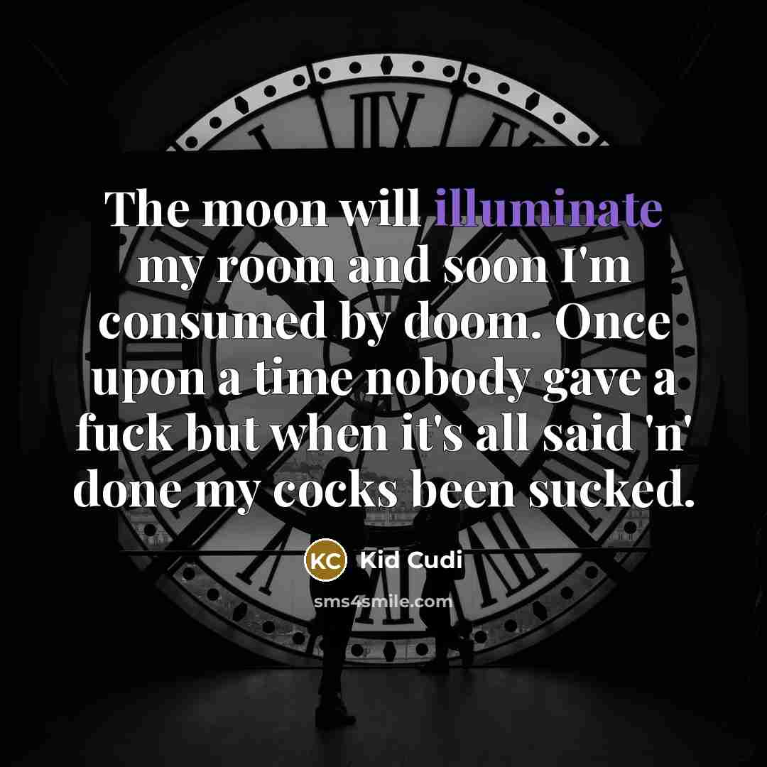 “The moon will illuminate my room and soon I'm consumed by doom. Once upon a time nobody gave a fuck but when it's all said 'n' done my cocks been sucked.” quote by Kid Cudi