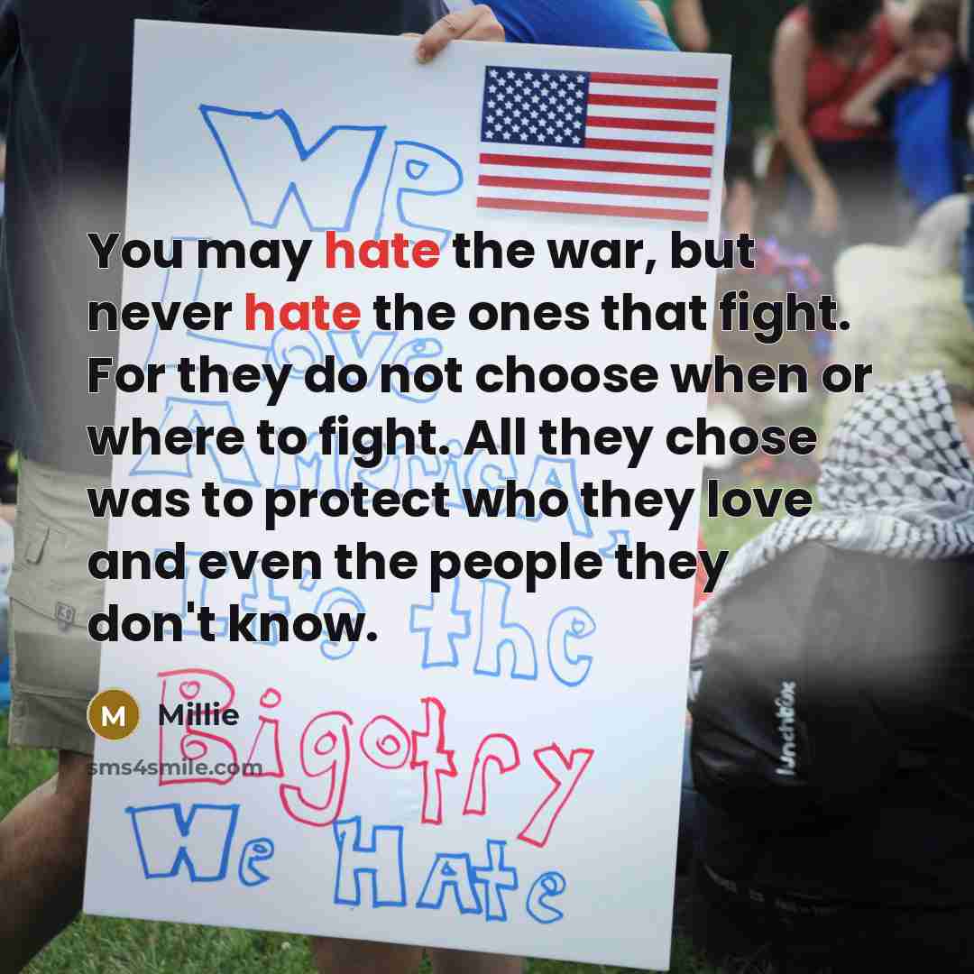 “You may hate the war, but never hate the ones…” quote by Millie