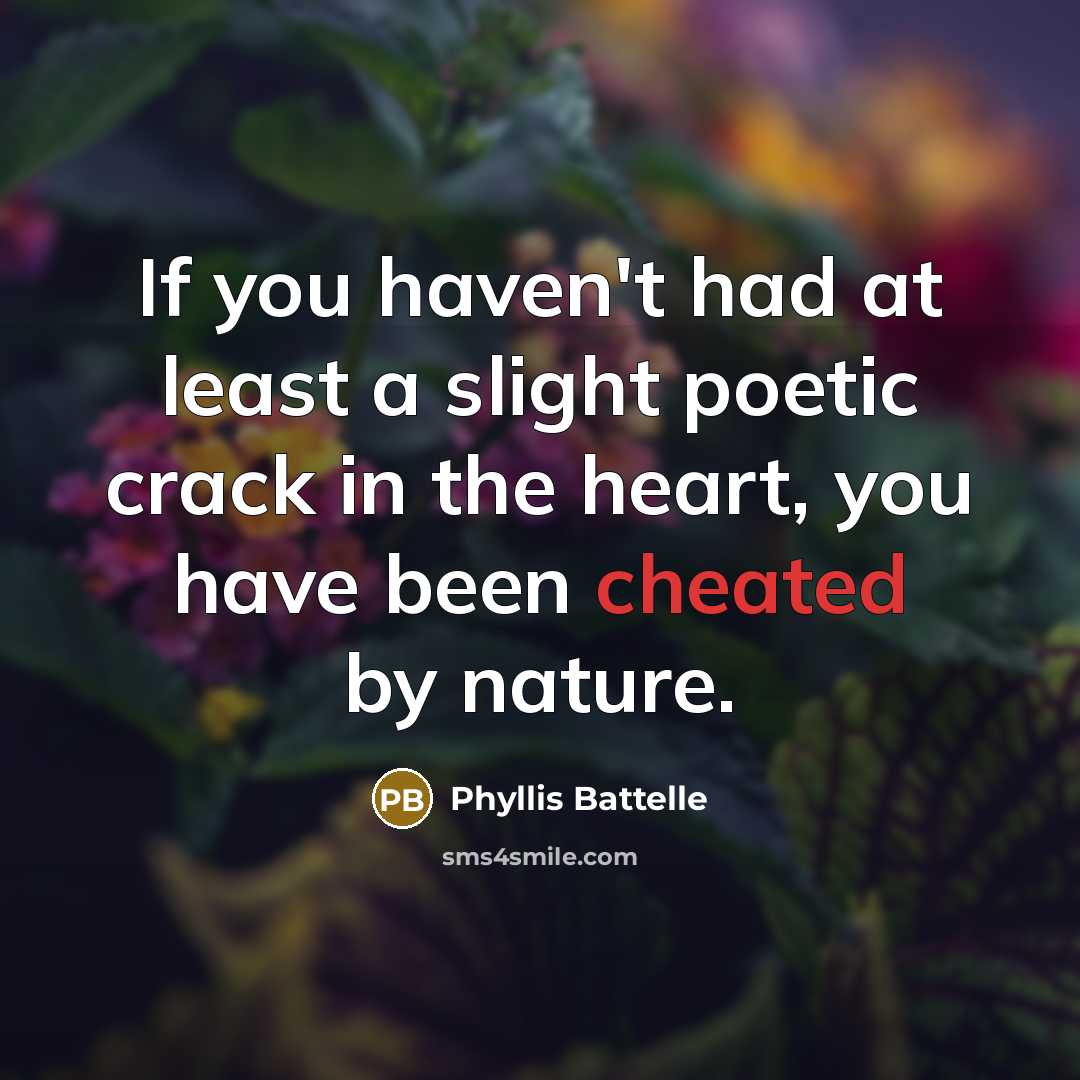 “If you haven't had at least a slight poetic crack in the heart, you have been cheated by nature.” quote by Phyllis Battelle