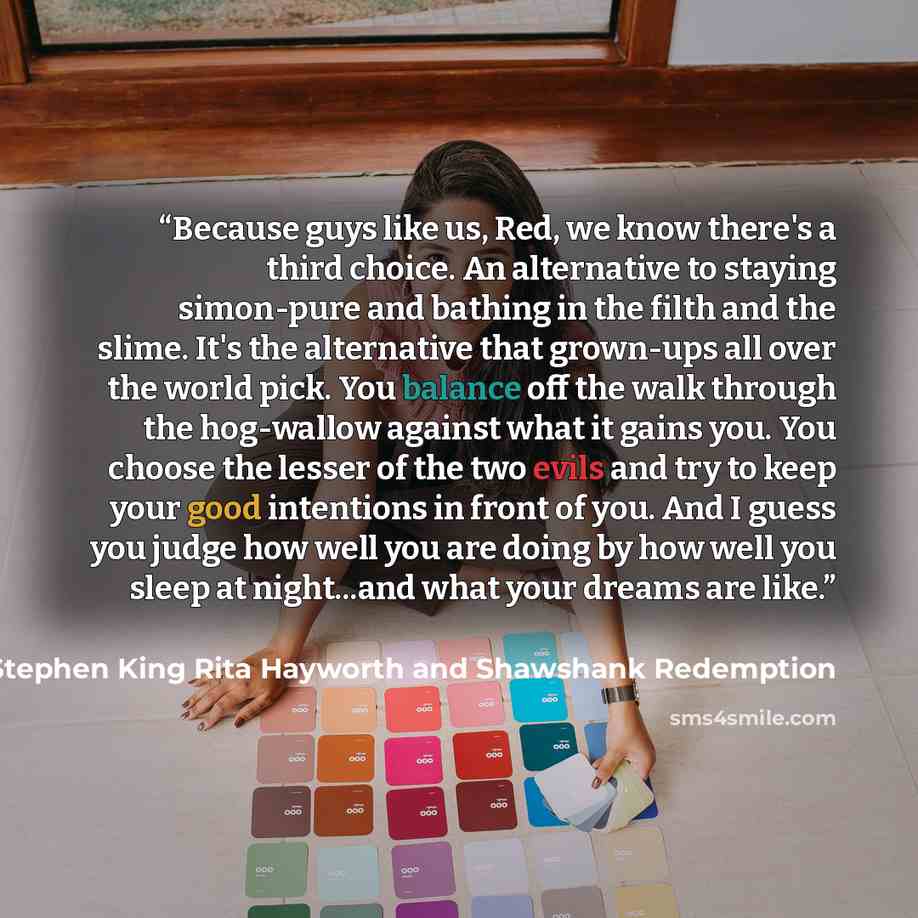“Because guys like us, Red, we know there's a third choice. An alternative to staying simon-pure and bathing in the filth and the slime. It's the alternative that grown-ups all over the world pick. You balance off the walk through the hog-wallow against what it gains you. You choose the lesser of…” quote by Stephen King Rita Hayworth and Shawshank Redemption