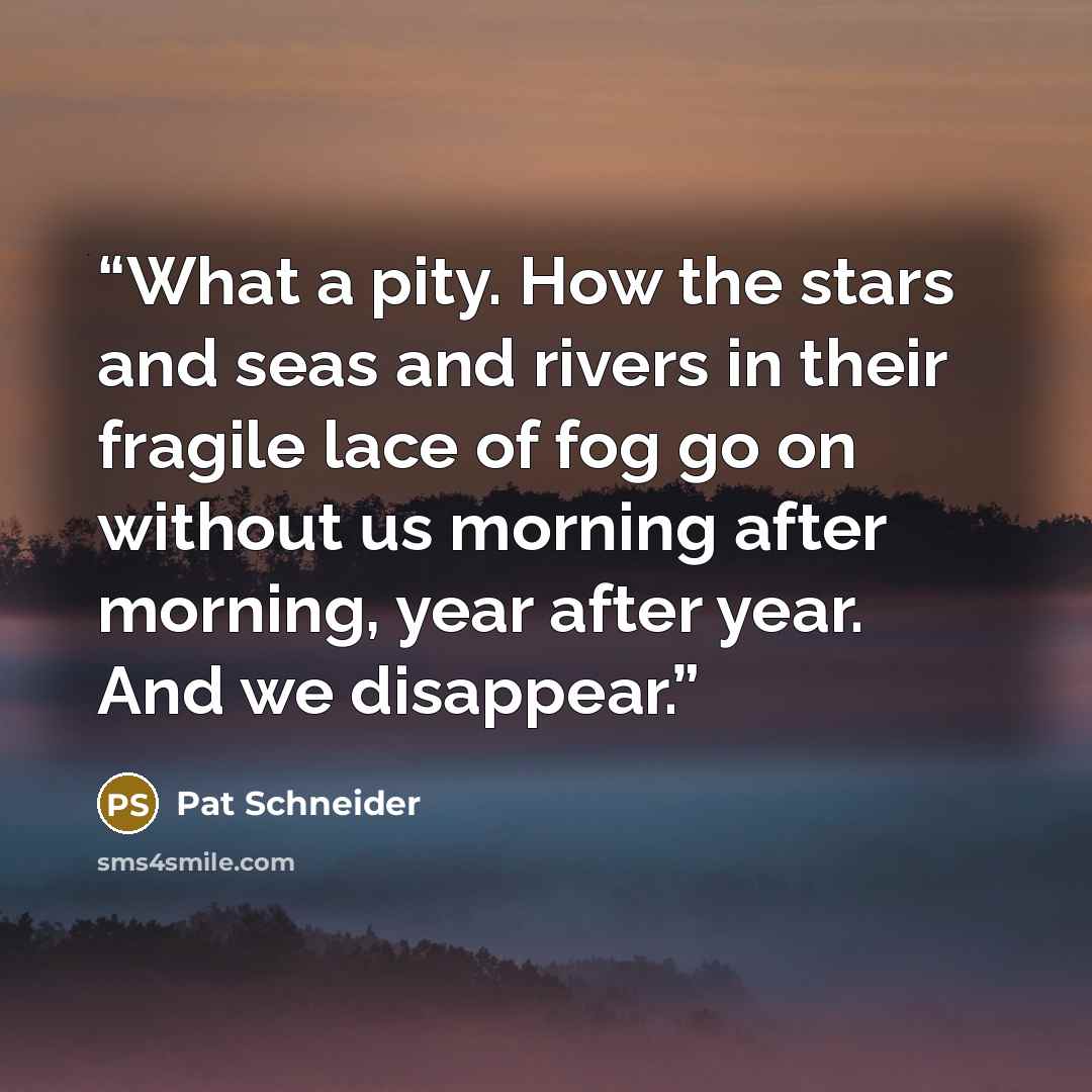 “What a pity. How the stars and seas and rivers in their fragile lace of fog go on without us morning after morning, year after year. And we disappear.” quote by Pat Schneider
