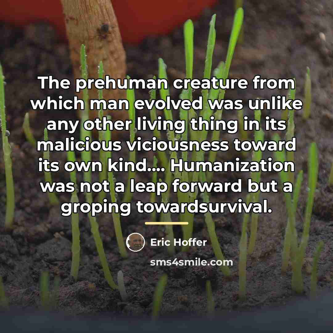 “The prehuman creature from which man evolved was unlike any…” quote by Eric Hoffer