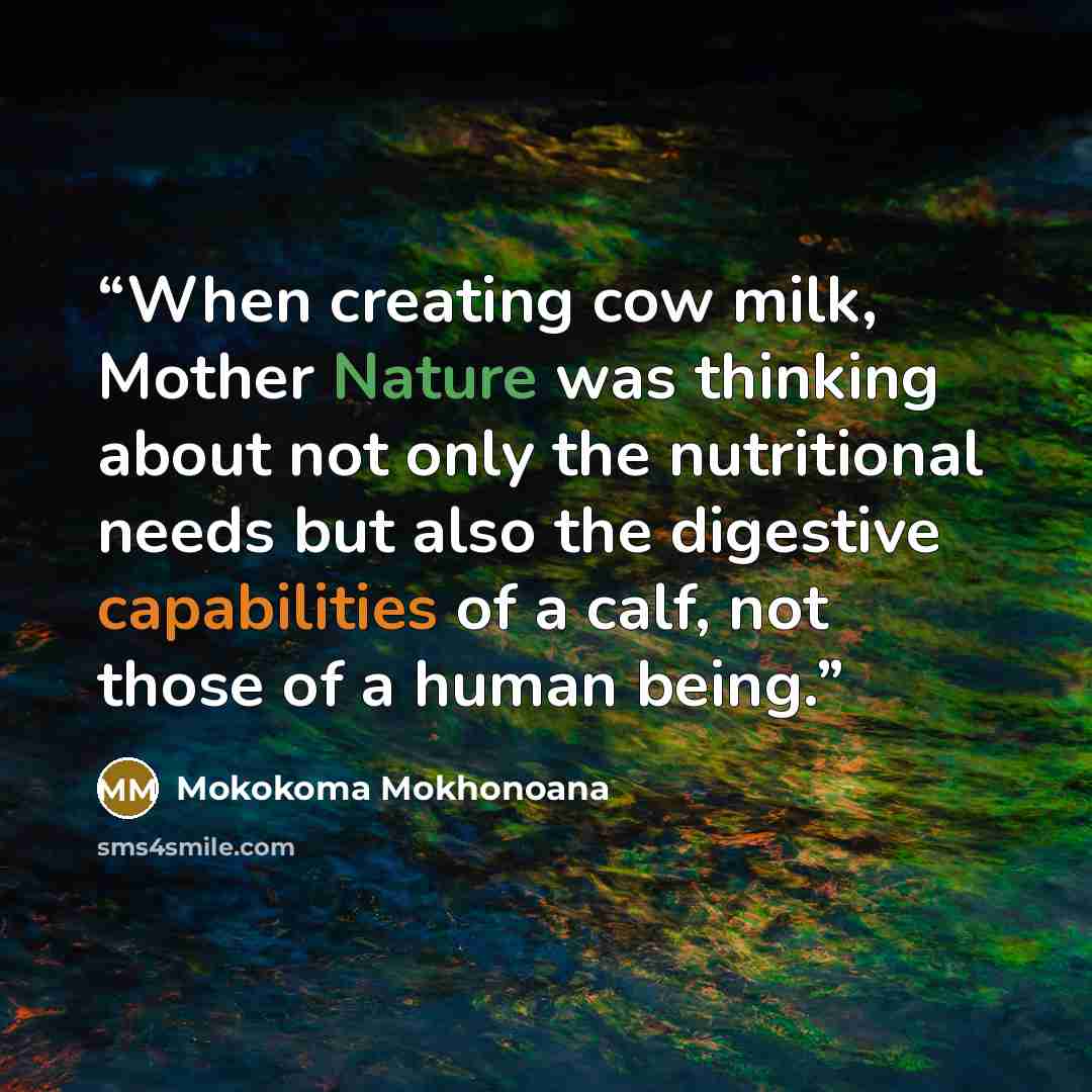 “When creating cow milk, Mother Nature was thinking about not only the nutritional needs but also the digestive capabilities of a calf, not those of a human being.” quote by Mokokoma Mokhonoana