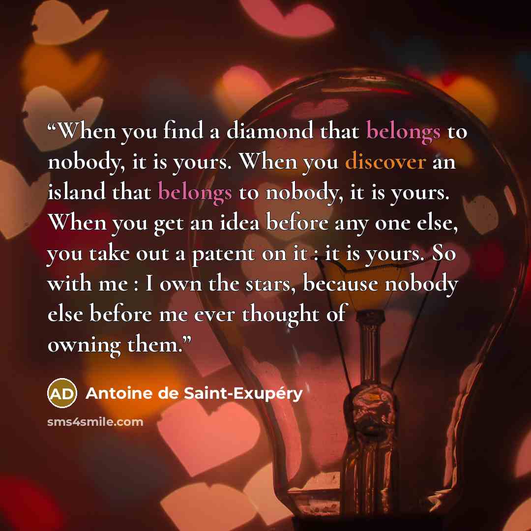 “When you find a diamond that belongs to nobody, it is yours. When you discover an island that belongs to nobody, it is yours. When you get an idea before any one else, you take out a patent on it : it is yours. So with me : I own the stars, because nobody else before me ever thought of owning them.” quote by Antoine de Saint-Exupéry