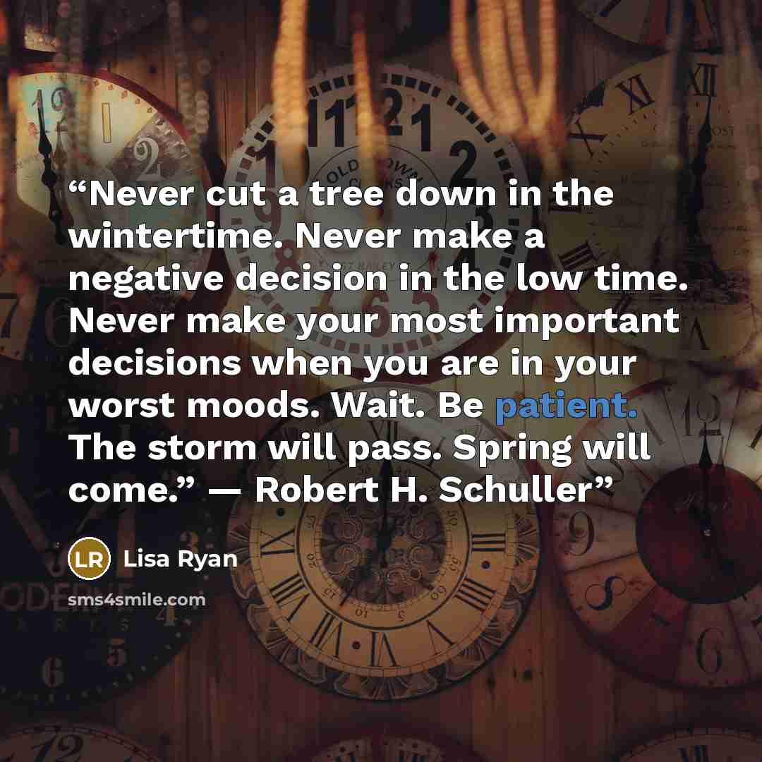 “Never cut a tree down in the wintertime. Never make a negative decision in the low time. Never make your most important decisions when you are in your worst moods. Wait. Be patient. The storm will pass. Spring will come.” ― Robert H. Schuller” quote by Lisa Ryan