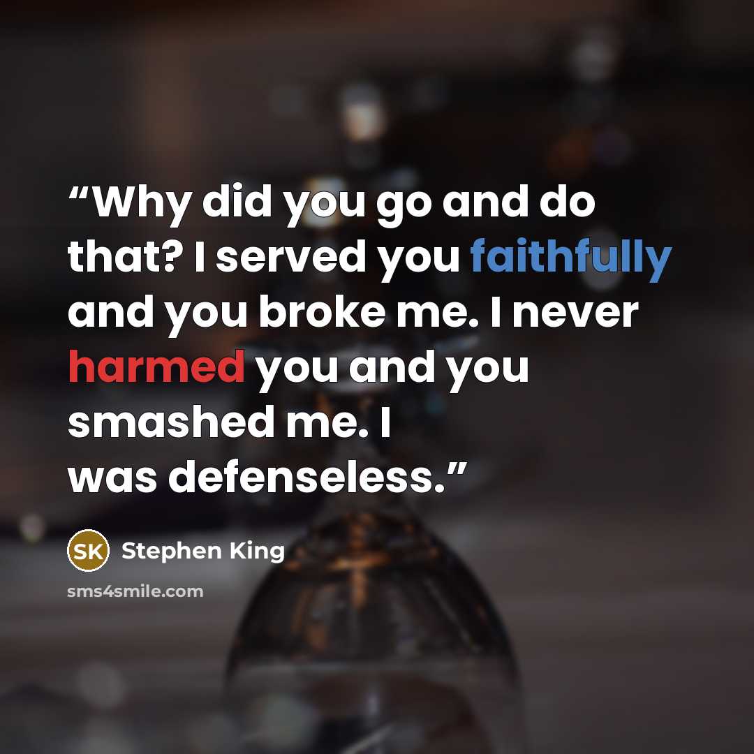 “Why did you go and do that? I served you faithfully and you broke me. I never harmed you and you smashed me. I was defenseless.” quote by Stephen King