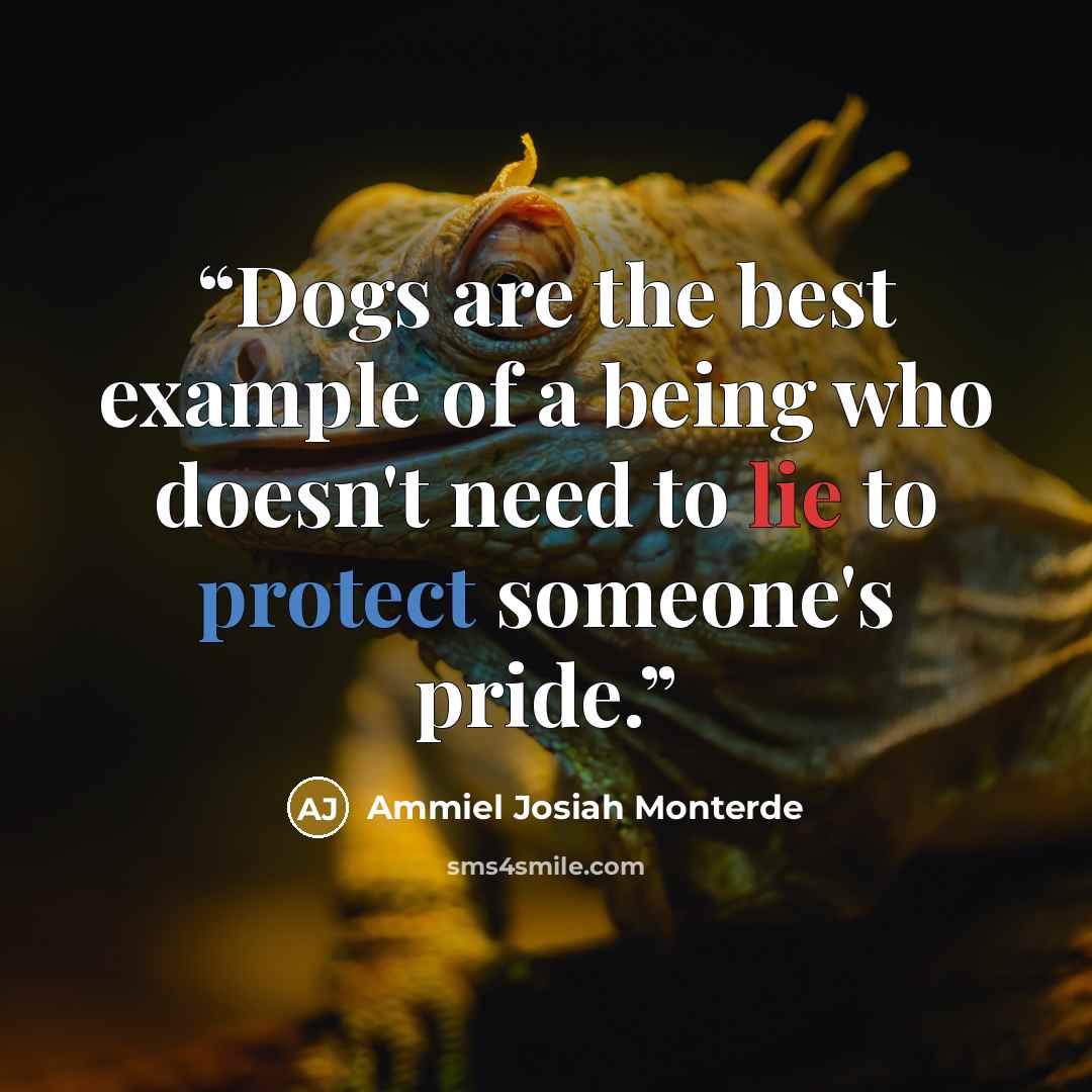 “Dogs are the best example of a being who doesn't need to lie to protect someone's pride.” quote by Ammiel Josiah Monterde