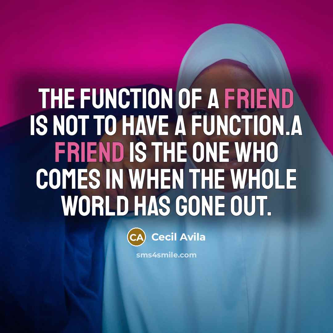 “The function of a friend is not to have a function.A friend is the one who comes in when the whole world has gone out.” quote by Cecil Avila