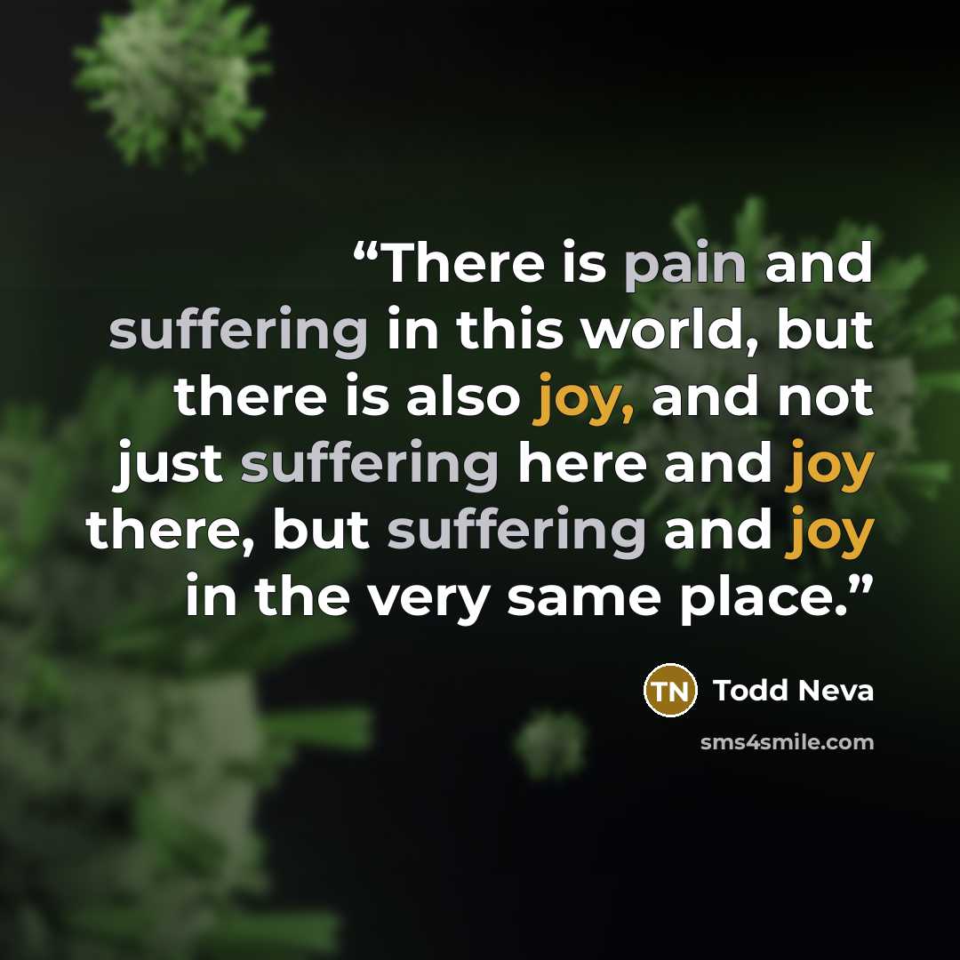 “There is pain and suffering in this world, but there is also joy, and not just suffering here and joy there, but suffering and joy in the very same place.” quote by Todd Neva