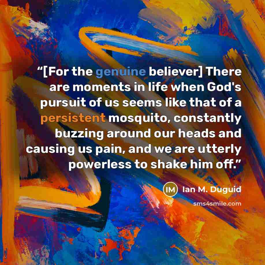 “[For the genuine believer] There are moments in life when God's pursuit of us seems like that of a persistent mosquito, constantly buzzing around our heads and causing us pain, and we are utterly powerless to shake him off.” quote by Ian M. Duguid