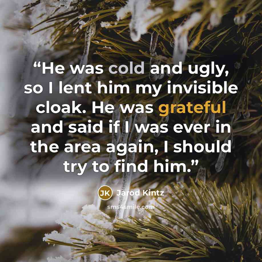 “He was cold and ugly, so I lent him my invisible cloak. He was grateful and said if I was ever in the area again, I should try to find him.” quote by Jarod Kintz