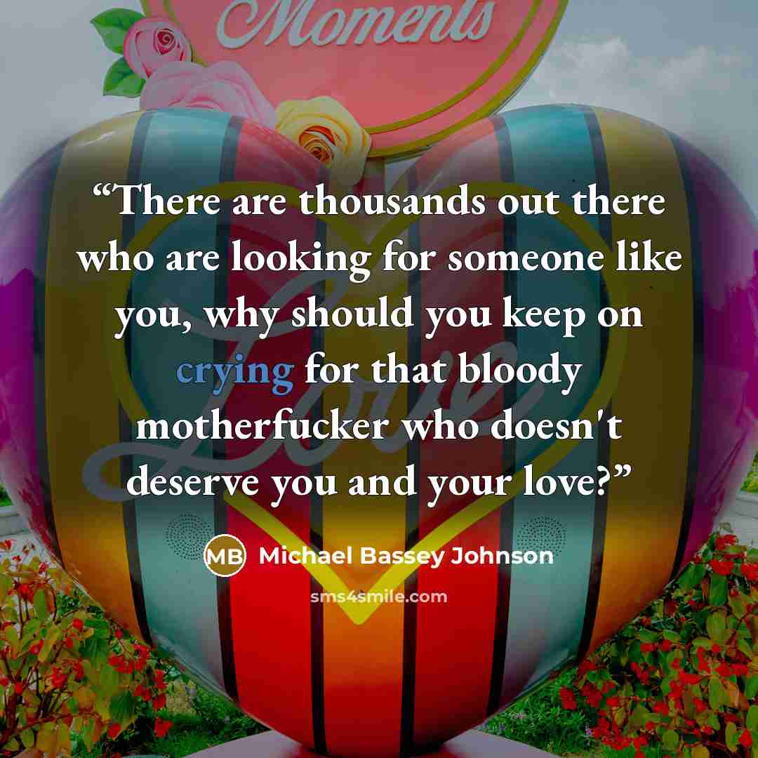 “There are thousands out there who are looking for someone like you, why should you keep on crying for that bloody motherfucker who doesn't deserve you and your love?” quote by Michael Bassey Johnson