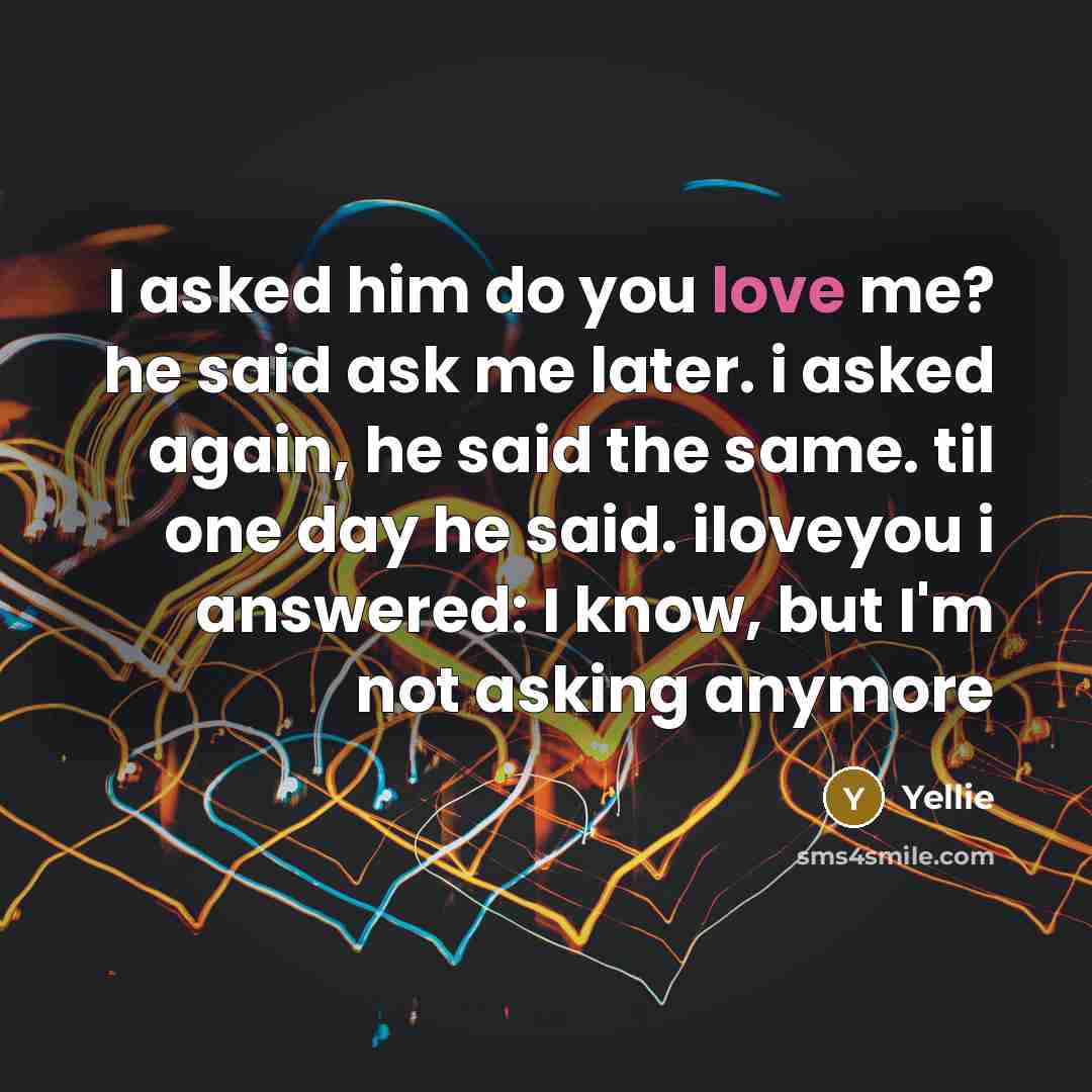 “I asked him do you love me? he said ask me later. i asked again, he said the same. til one day he said. iloveyou i answered: I know, but I'm not asking anymore” quote by Yellie