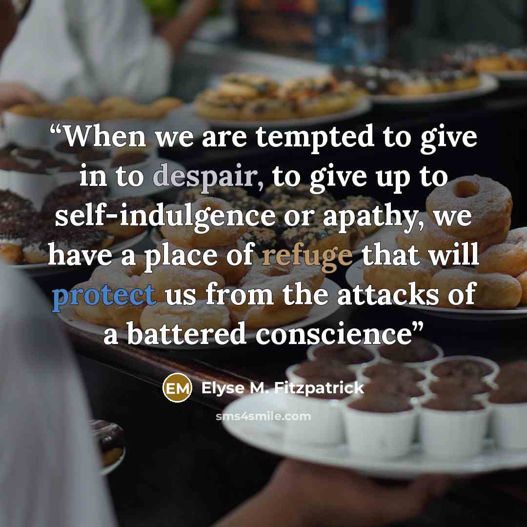 “When we are tempted to give in to despair, to give up to self-indulgence or apathy, we have a place of refuge that will protect us from the attacks of a battered conscience” quote by Elyse M. Fitzpatrick