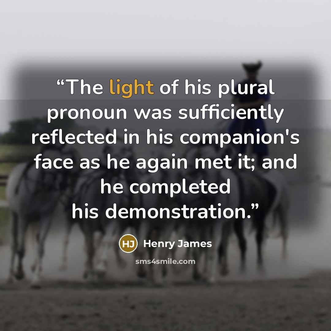 “The light of his plural pronoun was sufficiently reflected in his companion's face as he again met it; and he completed his demonstration.” quote by Henry James