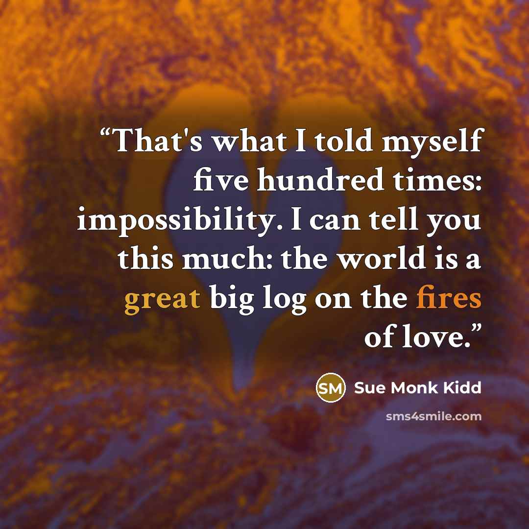 “That's what I told myself five hundred times: impossibility. I can tell you this much: the world is a great big log on the fires of love.” quote by Sue Monk Kidd
