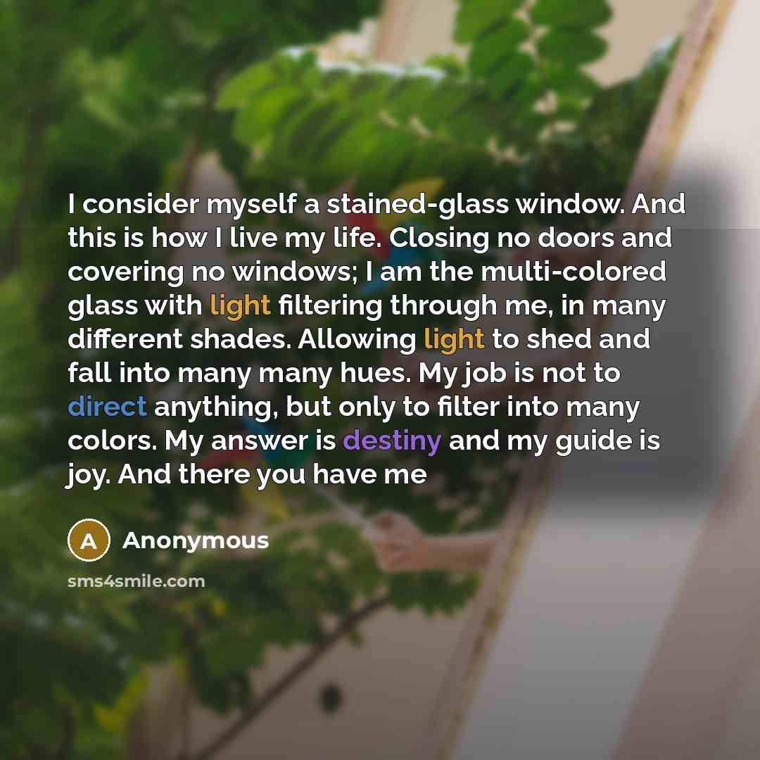 “I consider myself a stained-glass window. And this is how I live my life. Closing no doors and covering no windows; I am the multi-colored glass with light filtering through me, in many different shades. Allowing light to shed and fall into many many hues. My job is not to direct anything, but…” quote by Anonymous