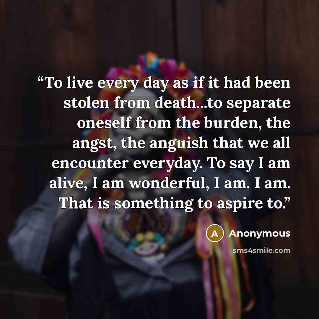“To live every day as if it had been stolen from death...to separate oneself from the burden, the angst, the anguish that we all encounter everyday. To say I am alive, I am wonderful, I am. I am. That is something to aspire to.” quote by Anonymous