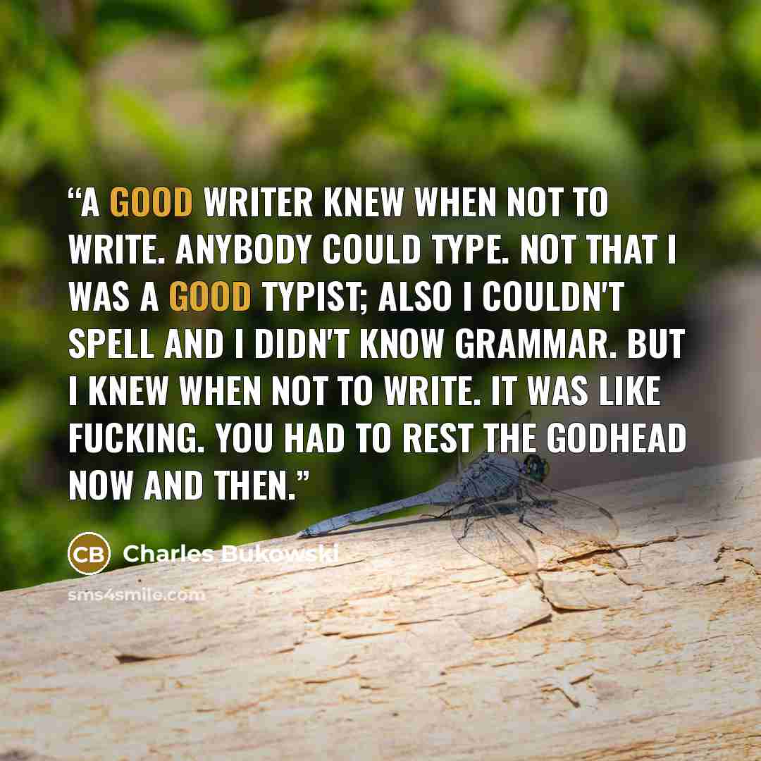 “A good writer knew when not to write. Anybody could type. Not that I was a good typist; also I couldn't spell and I didn't know grammar. But I knew when not to write. It was like fucking. You had to rest the godhead now and then.” quote by Charles Bukowski