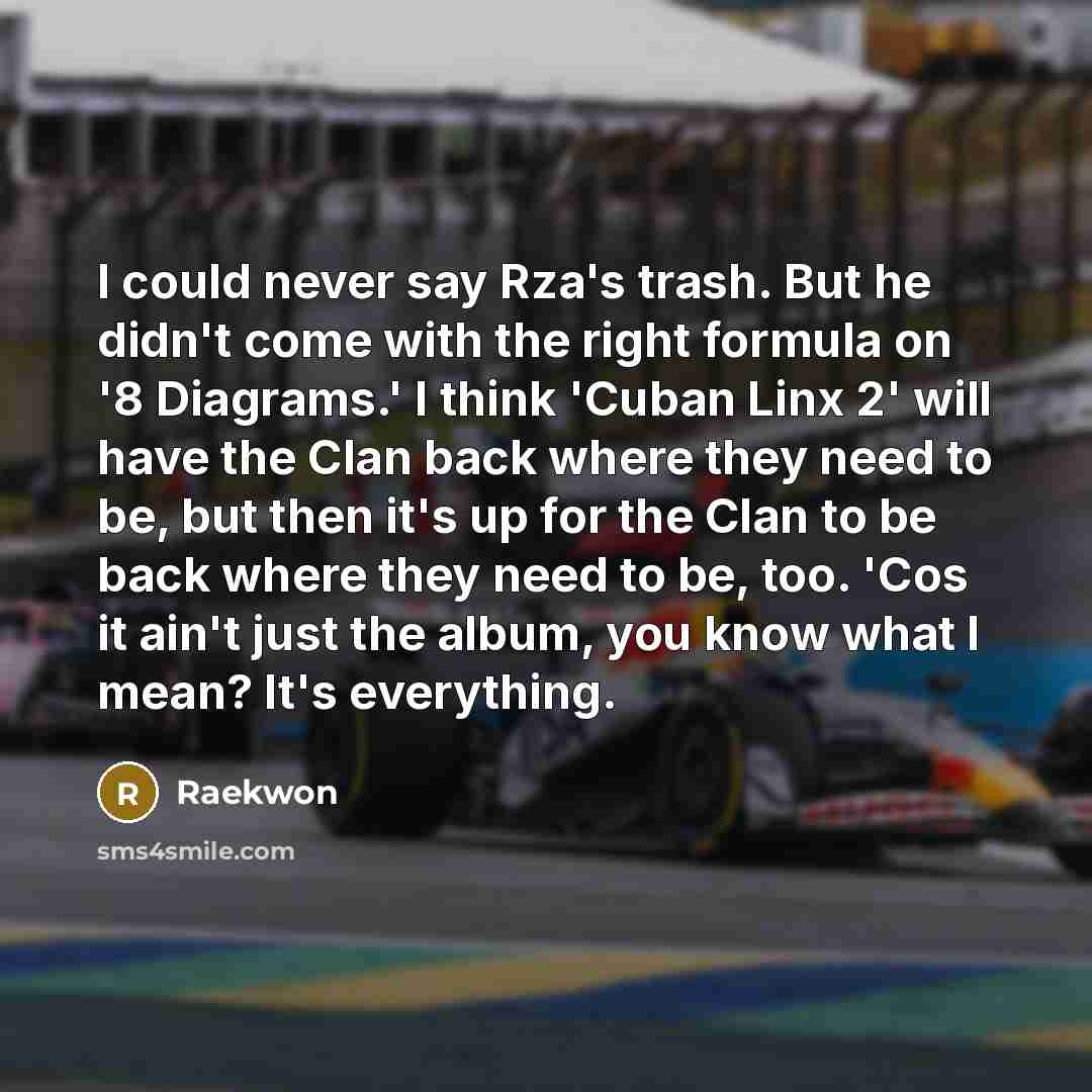 “I could never say Rza's trash. But he didn't come with the right formula on '8 Diagrams.' I think 'Cuban Linx 2' will have the Clan back where they need to be, but then it's up for the Clan to be back where they need to be, too. 'Cos it ain't just the album, you know what I mean? It's everything.” quote by Raekwon