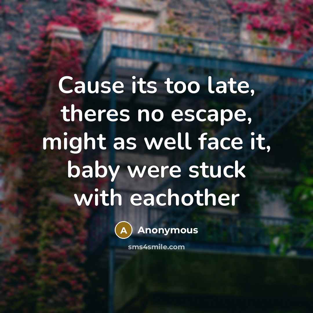 “Cause its too late, theres no escape, might as well face it, baby were stuck with eachother” quote by Anonymous