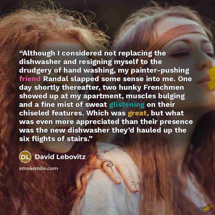 “Although I considered not replacing the dishwasher and resigning myself to the drudgery of hand washing, my painter-pushing friend Randal slapped some sense into me. One day shortly thereafter, two hunky Frenchmen showed up at my apartment, muscles bulging and a fine mist of sweat glistening on…” quote by David Lebovitz