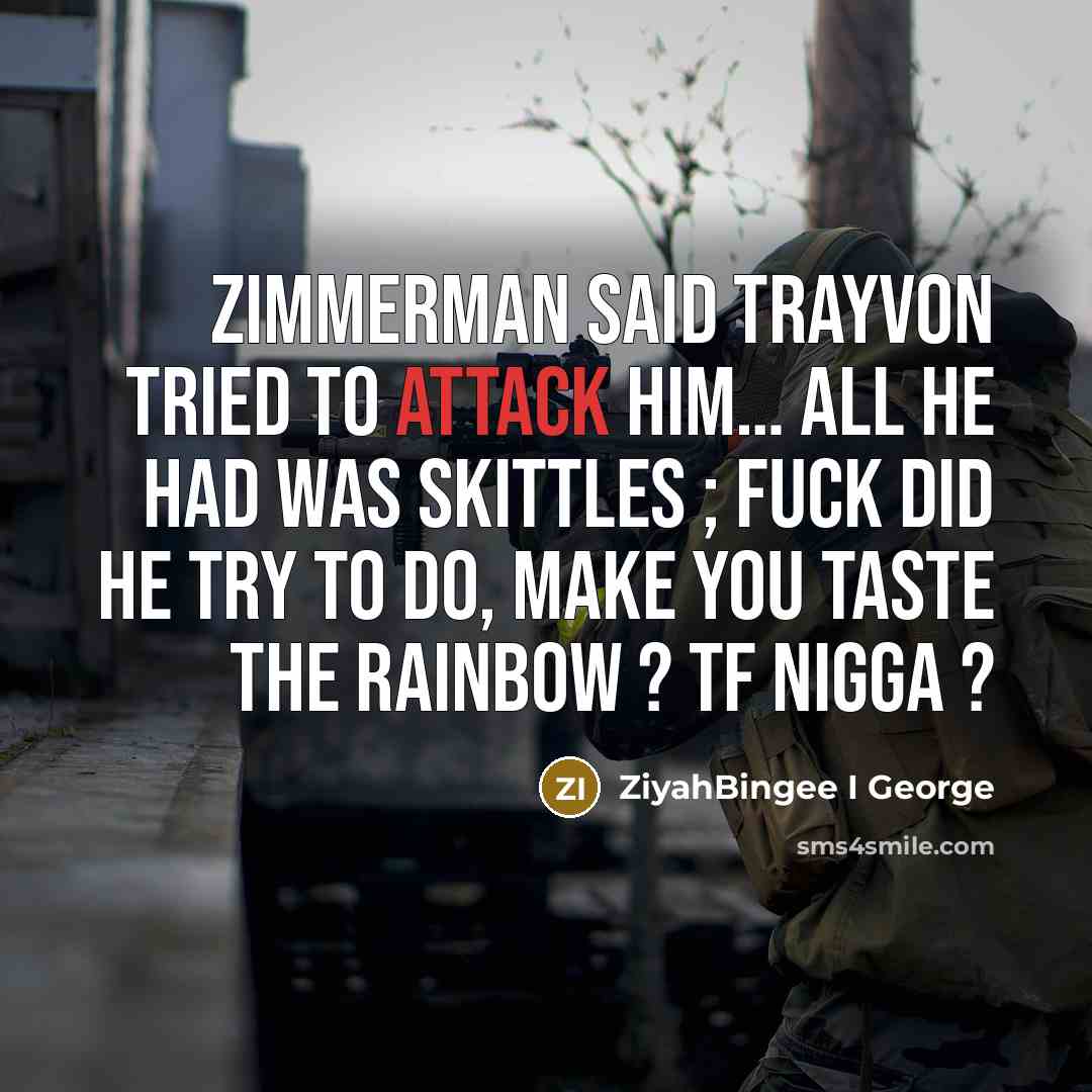 “Zimmerman said Trayvon tried to attack him… All he had was Skittles ; fuck did he try to do, make you Taste The Rainbow ? Tf nigga ?” quote by ZiyahBingee I George