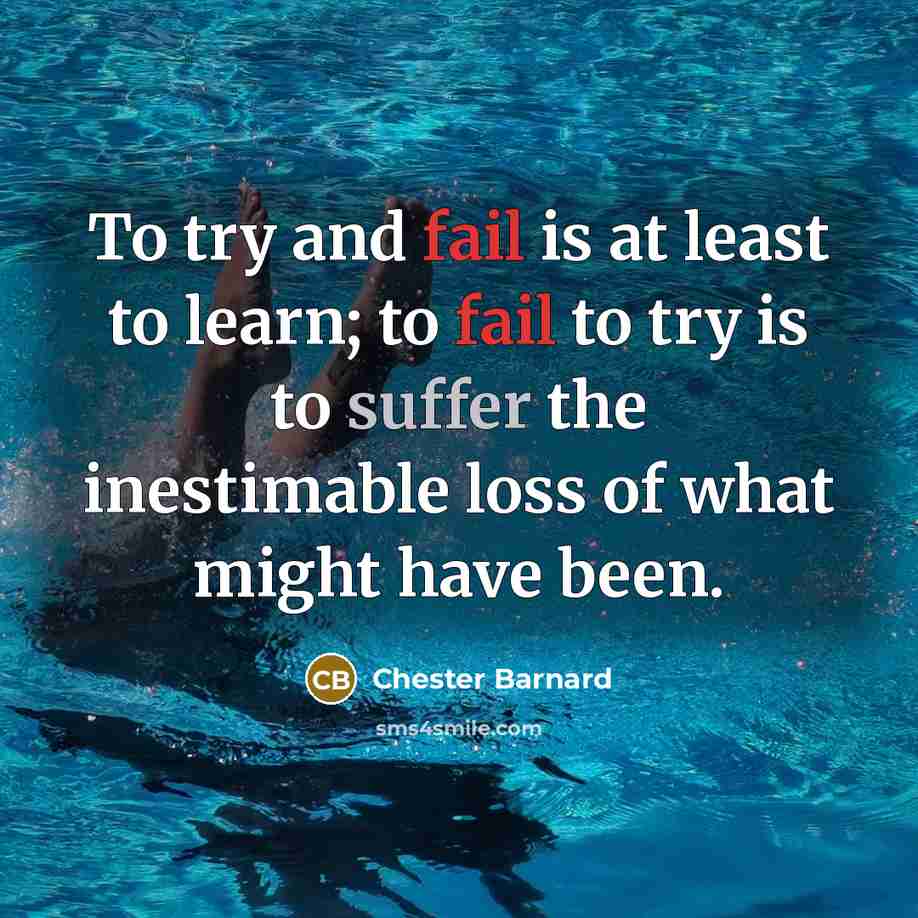 “To try and fail is at least to learn; to fail to try is to suffer the inestimable loss of what might have been.” quote by Chester Barnard